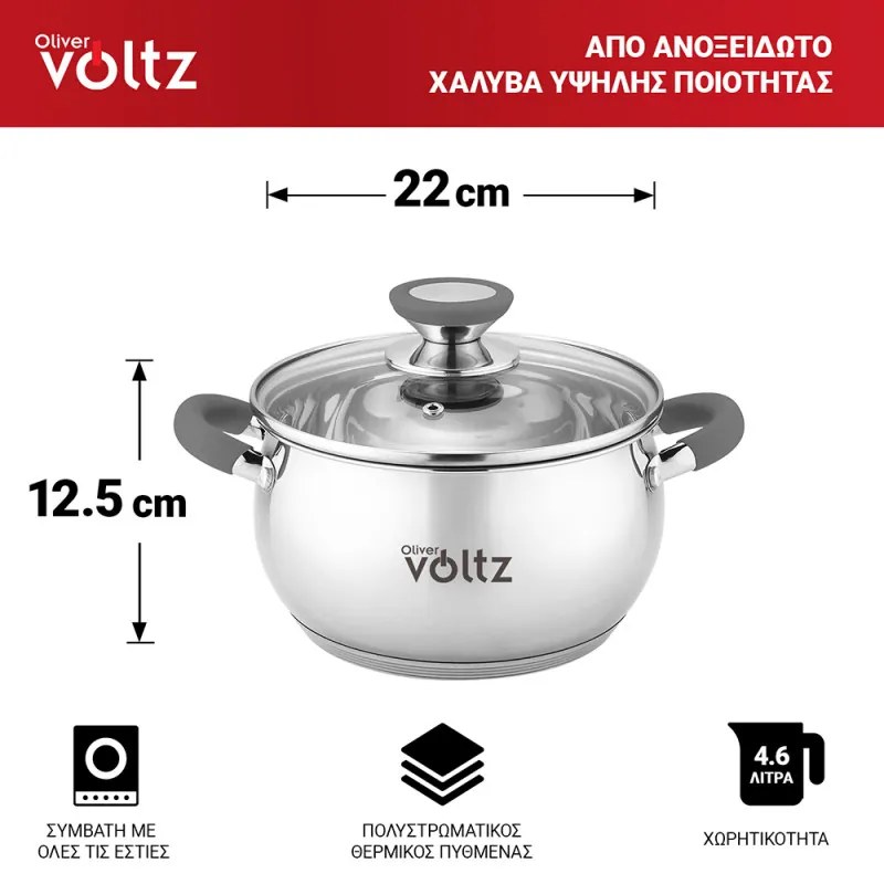 Oala Oliver Voltz OV51210N22, 22 cm, 4,6 l, Inductie, Manere din silicon gri, Inox/Gri