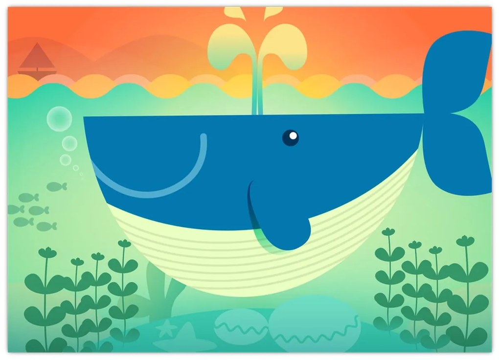 Tablou pe sticlă - Balenă veselă în mare (70x50 cm)