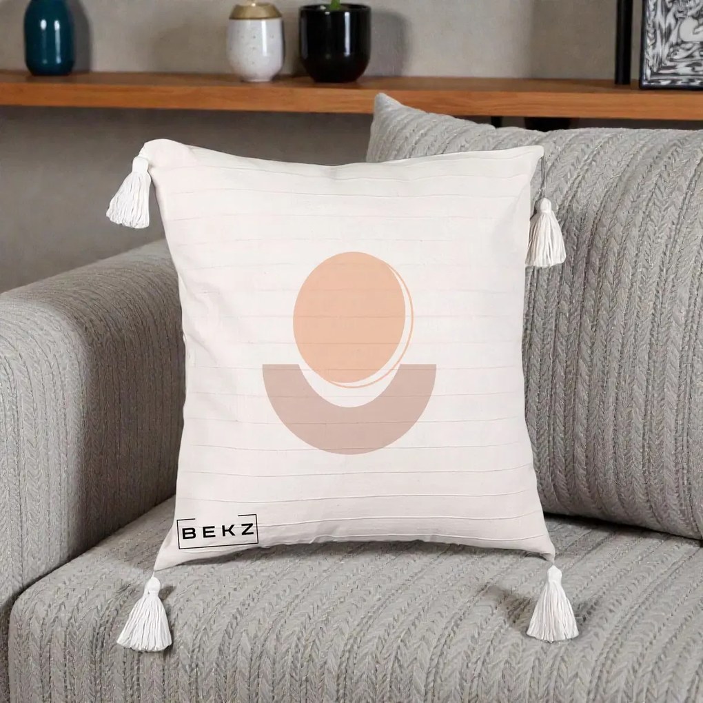 Perna Decorativa Geometric Boho Luna si Disc, 40x40 cm, Bej cu Franjuri, Husa Detasabila, Perna Inclusa, BEKZ®