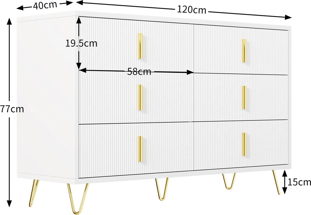Bufet cu 6 sertare, mânere și picioare aurii, textură ondulată, 120x40x77 cm, Alb+Aurii