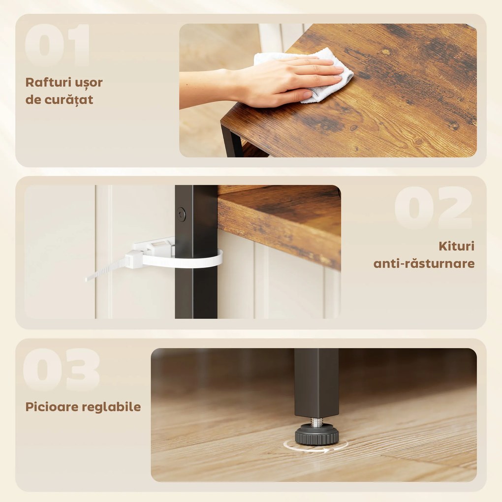 HOMCOM Raft de Bucătărie cu Prize și Rafturi Reglabile, Raft pentru Cuptor cu Microunde cu 5 Niveluri, Panou cu Grilaj și 10 Cârlige, Mobilier Vintage Structură din Oțel, 80x40x170 cm, Maro Rustic | Aosom Romania