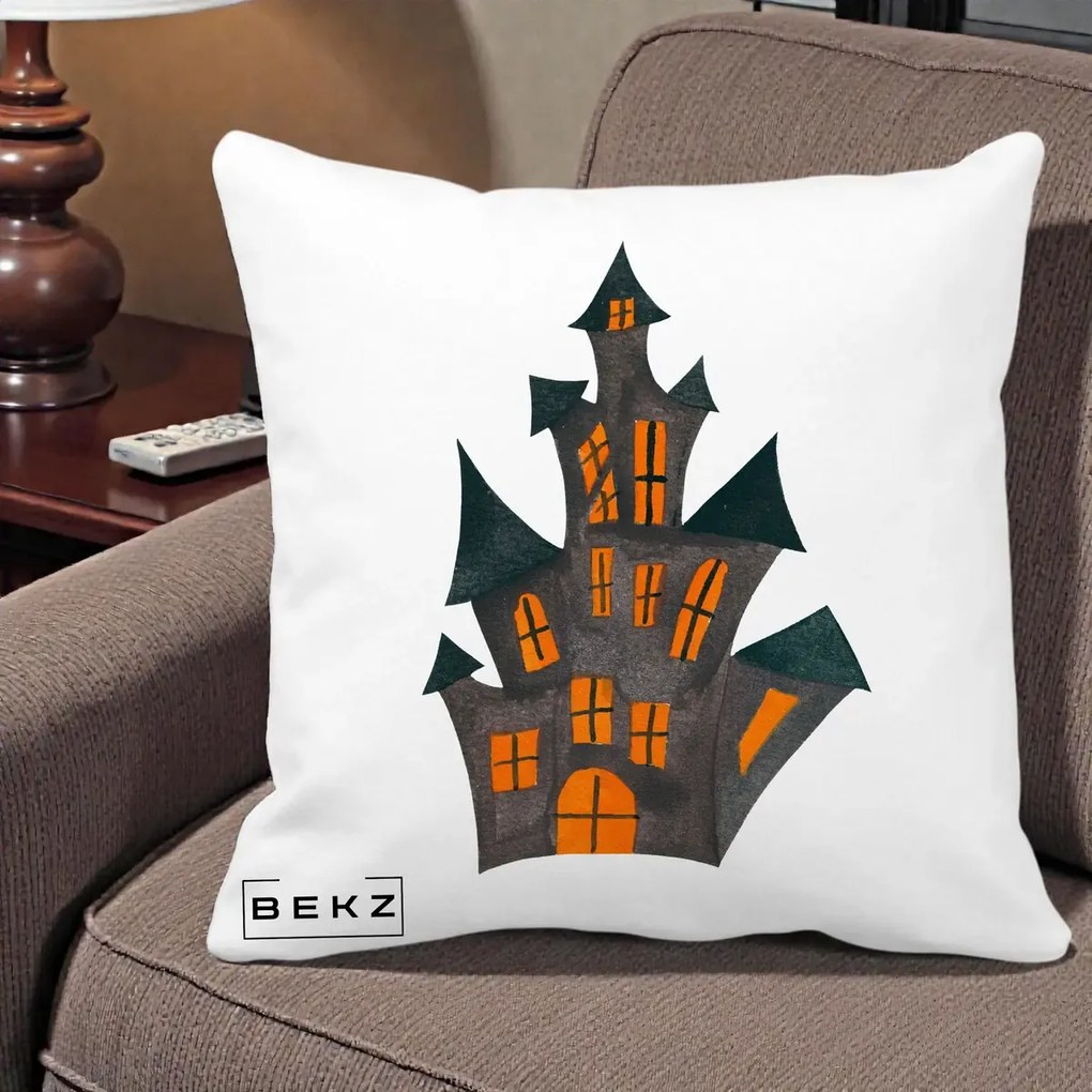 Perna Decorativa Halloween Casa Bantuita Minimalista, 40x40 cm, Alba Mata, Husa Detasabila, Perna Inclusa, BEKZ®