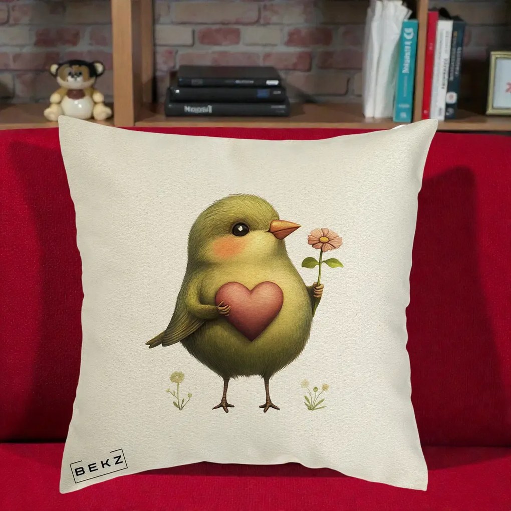Perna Decorativa Pasare Verde cu Inima si Floare, 40x40 cm, Ecru, Husa Detasabila, Perna Inclusa, BEKZ®