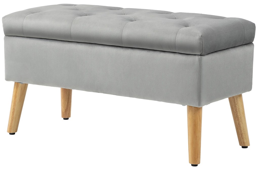 HOMCOM Bancă de depozitare cu material catifelat, picioare din lemn, pentru cameră de zi, dormitor, hol, 80 x 35 x 40 cm, Gri | Aosom Romania