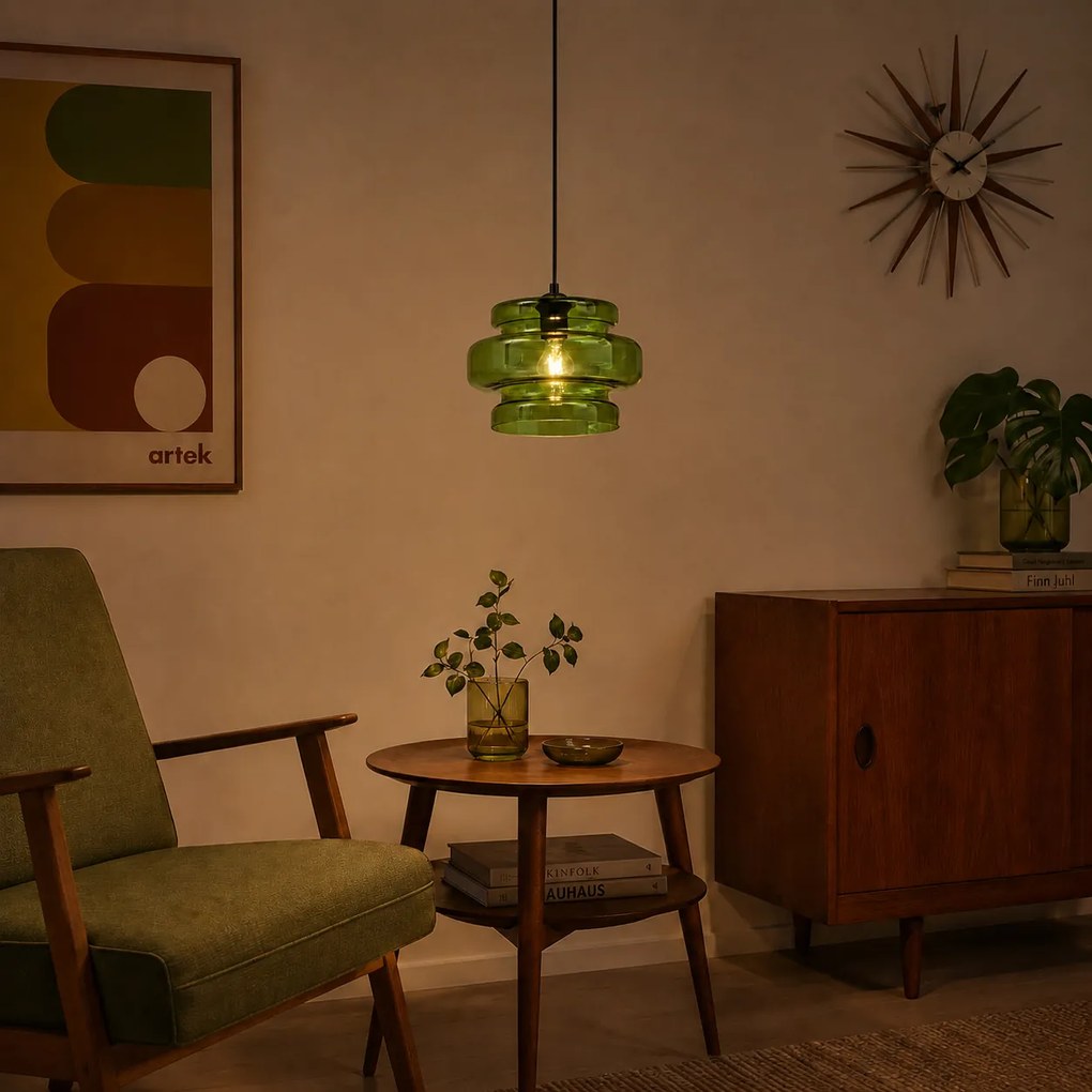 Lampă suspendată retro neagră cu sticlă verde - Denise