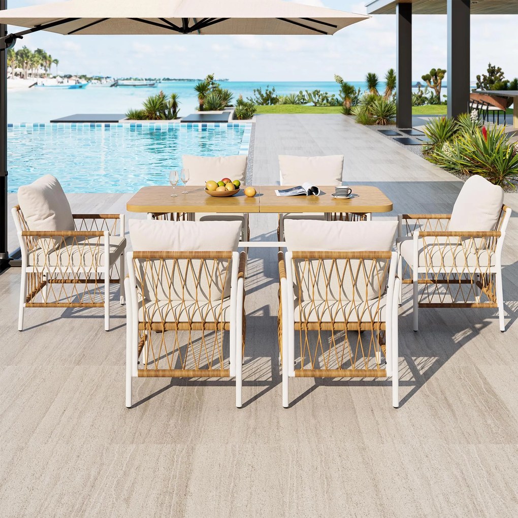Set modern de mobilier de grădină, 7 piese, cadru alb din fier cu cotiere împletite, 1 masă+6 scaune, Bej+Culoare naturală