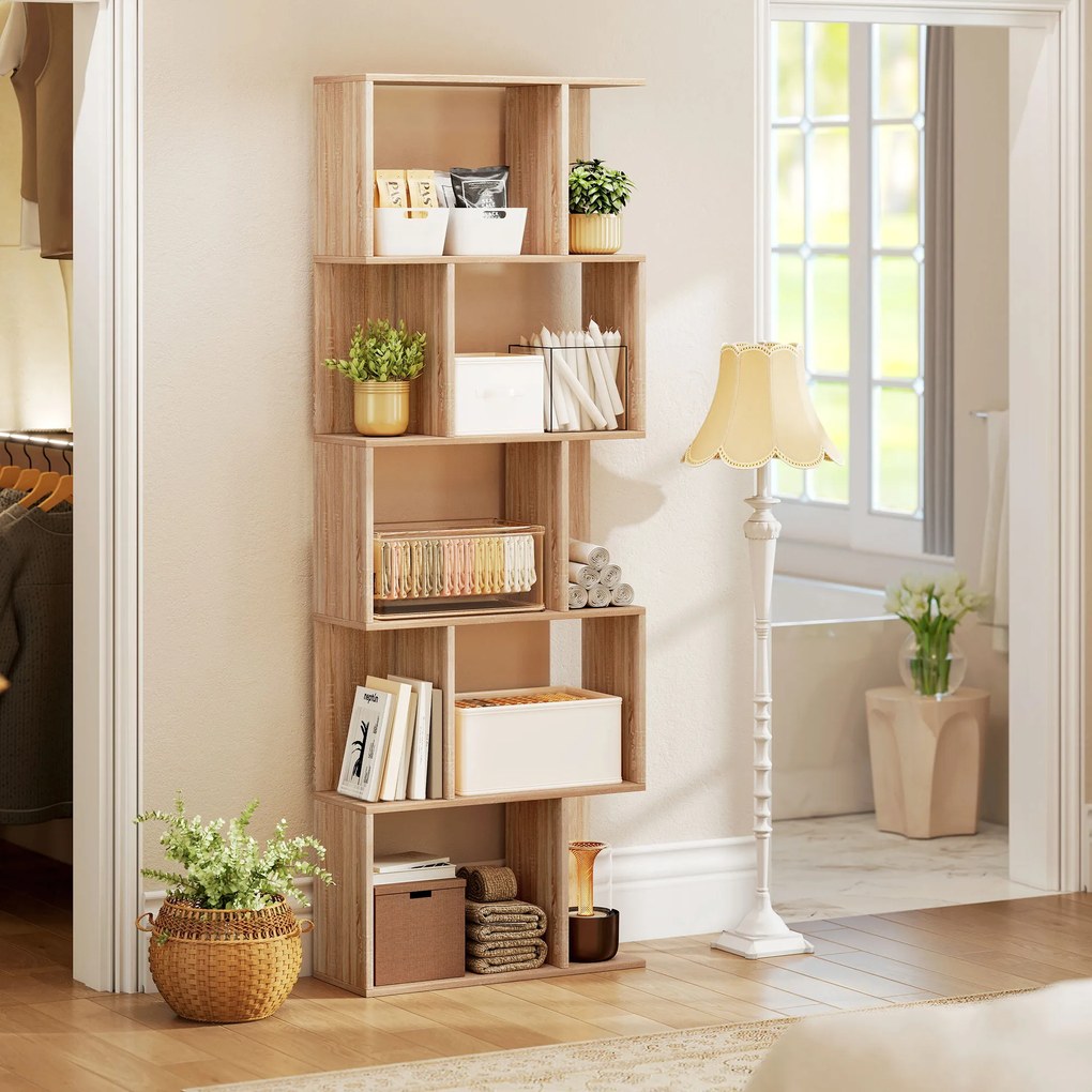 HOMCOM Bibliotecă cu 5 Rafturi Separate cu Spațiu de Economisire în Formă de S din Lemn, 60x24x184,5 cm, Lemn Natural | Aosom Romania