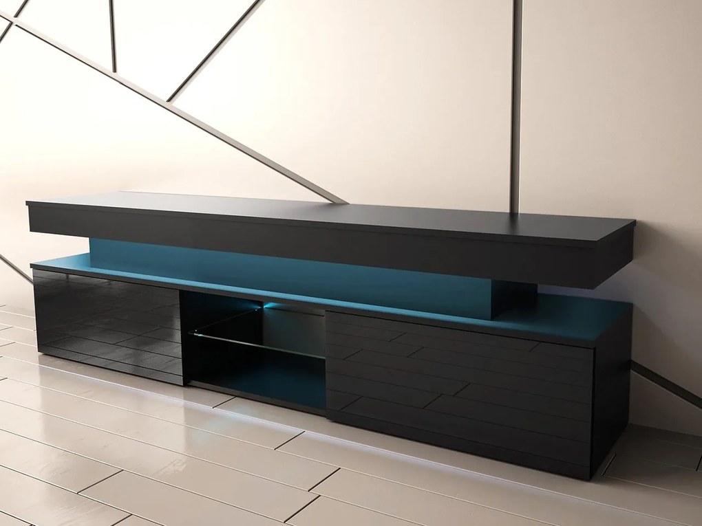 Dulap TV Lesteralo 2D 190 (Negru + lucios negru) (cu iluminat LED albastru). 1106178