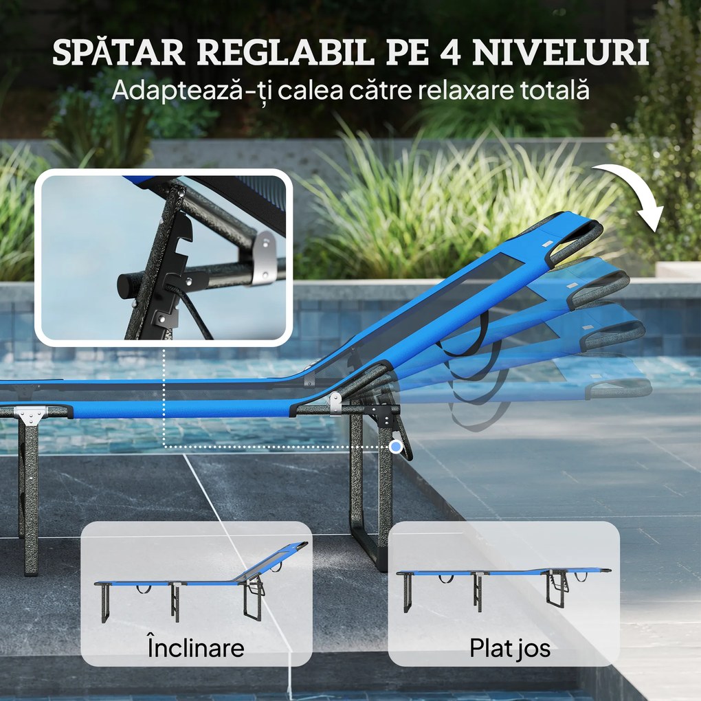 Outsunny Șezlong Pliabil, Spătar Reglabil pe 4 Poziții, Mânere pentru Transport, Culoare Albastru | Aosom Romania