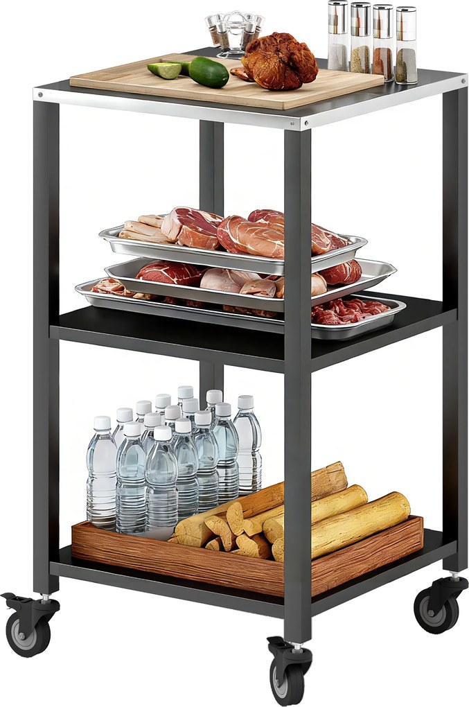 Outsunny Cărucior pentru grătar 3-etaje masă pentru grătar cu suprafață din oțel inoxidabil, roți, cărucior mobil de servire 50 x 50 x 90 cm Negru | Aosom Romania