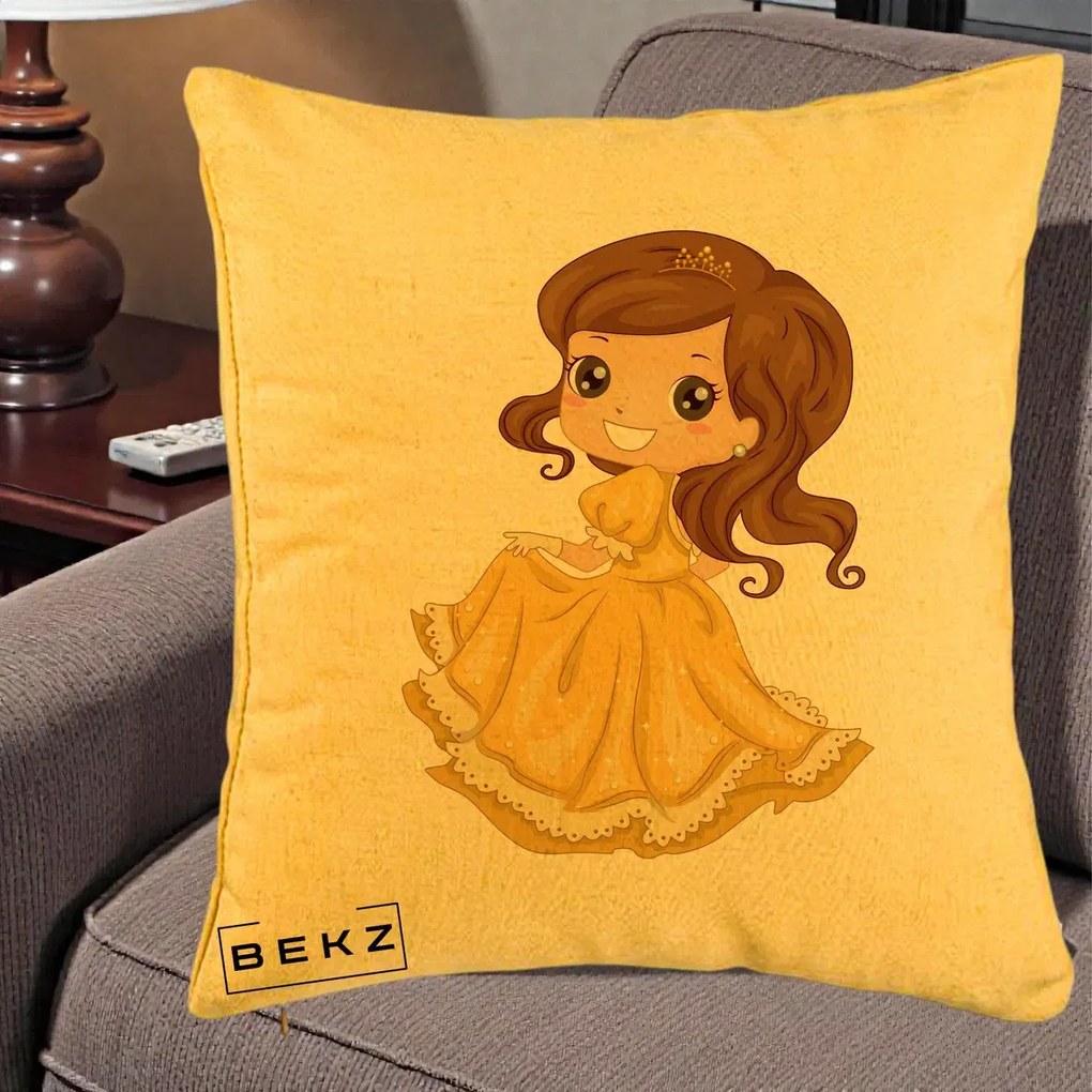 Perna Decorativa Printesa Bella Rochie Aurie, 40x40 cm, Galben, Husa Detasabila, Perna Inclusa, BEKZ®
