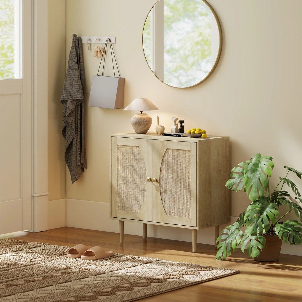 HOMCOM Bufet de bucătărie, mobilier de depozitare cu două uși și 2 niveluri, fațadă din cannage, 80 x 38 x 79 cm efect lemn natural | Aosom Romania