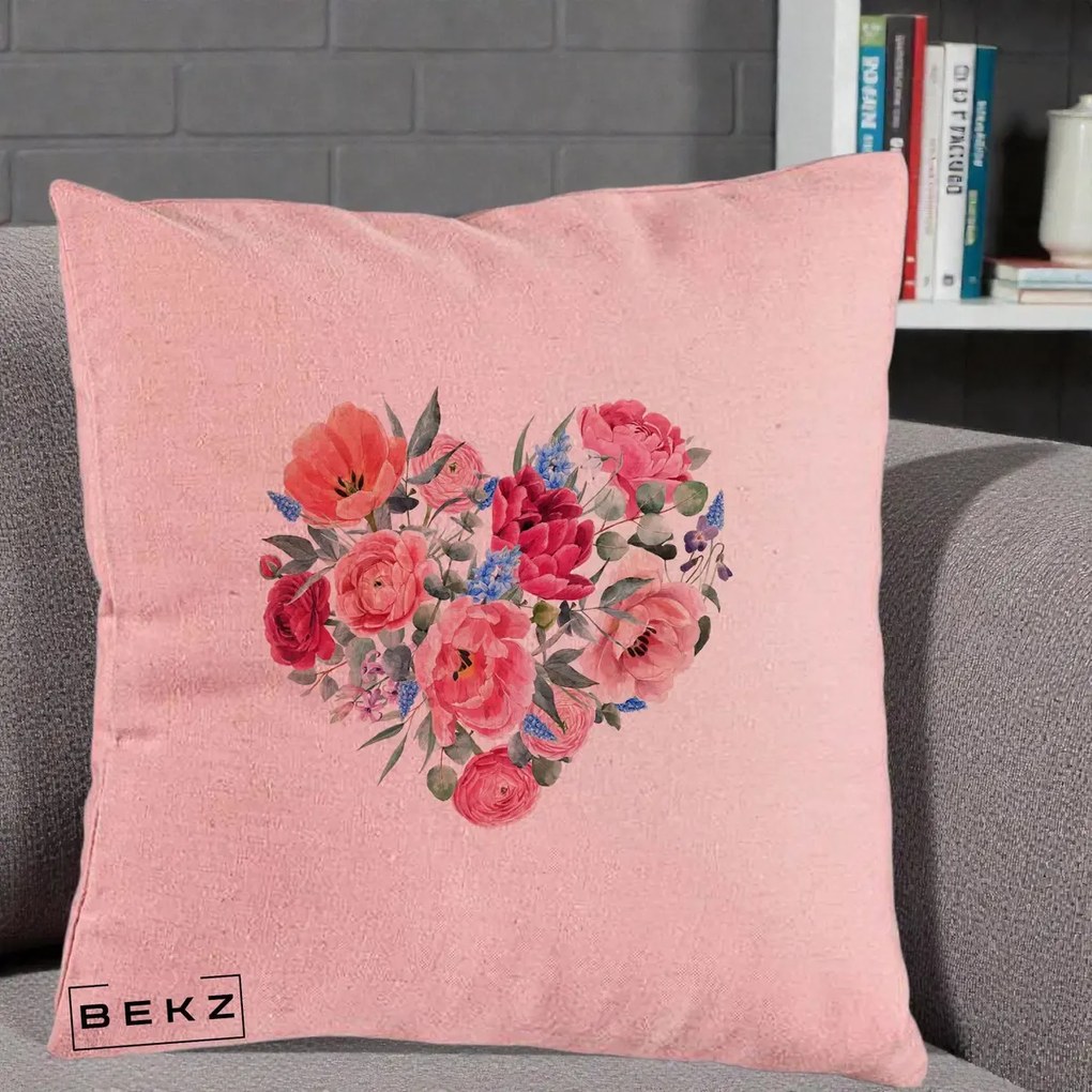 Perna Decorativa Inima din Bujori Acuarela, 40x40 cm, Roz, Husa Detasabila, Perna Inclusa, BEKZ®