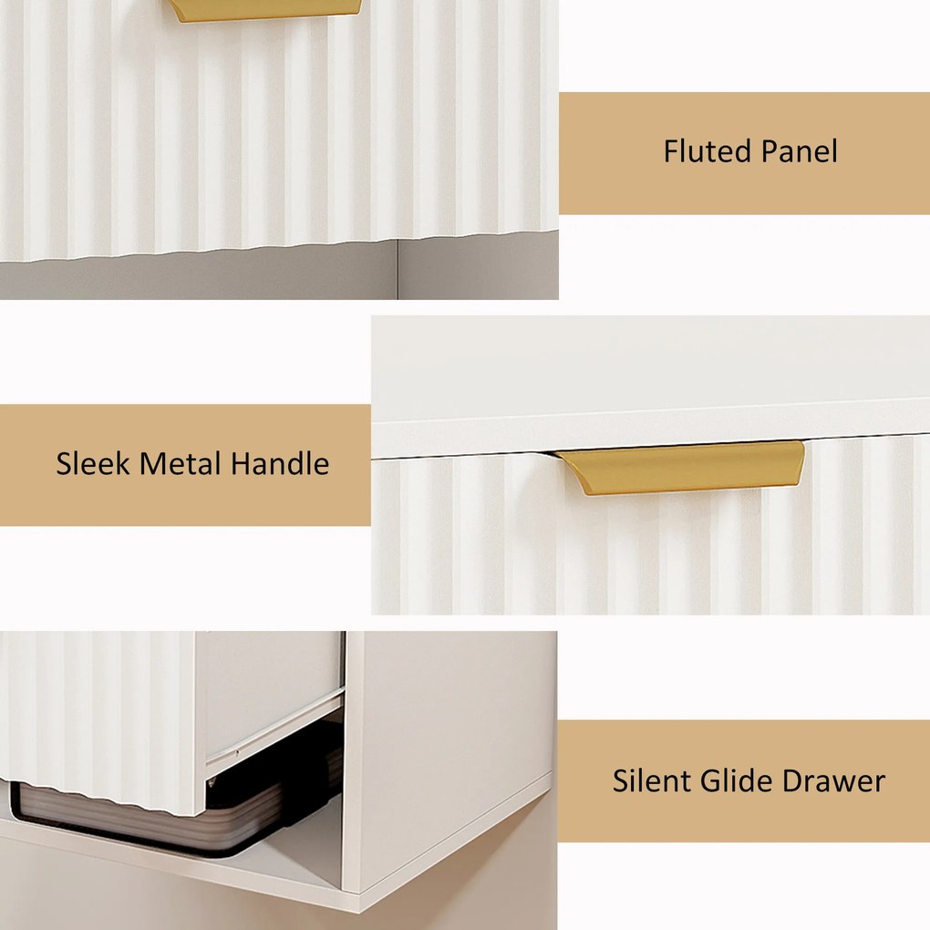 HOMCOM Set de 2 Noptiere Suspendate cu Panouri Canelate, Sertar și Raft, 40x34x29 cm, Alb | Aosom Romania