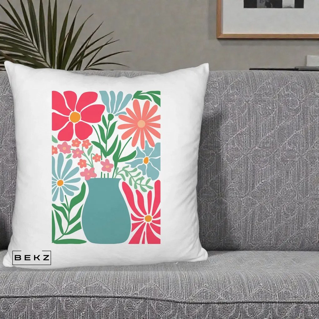 Perna Decorativa Flori in Vaza Turcoaz, 40x40 cm, Alb Pufos, Husa Detasabila, Perna Inclusa, BEKZ®