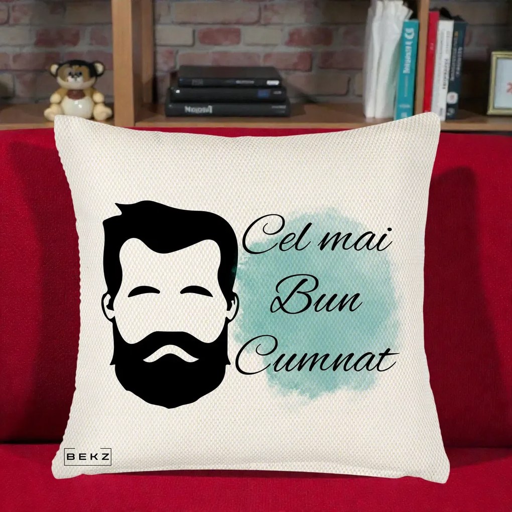 Cadou pentru Cumnat - Perna Personalizata Cel mai Bun Cumnat cu Portret Barbat si Pete Teal, 40x40 cm, Crem Reliefat, Husa Detasabila, Perna Inclusa, BEKZ®