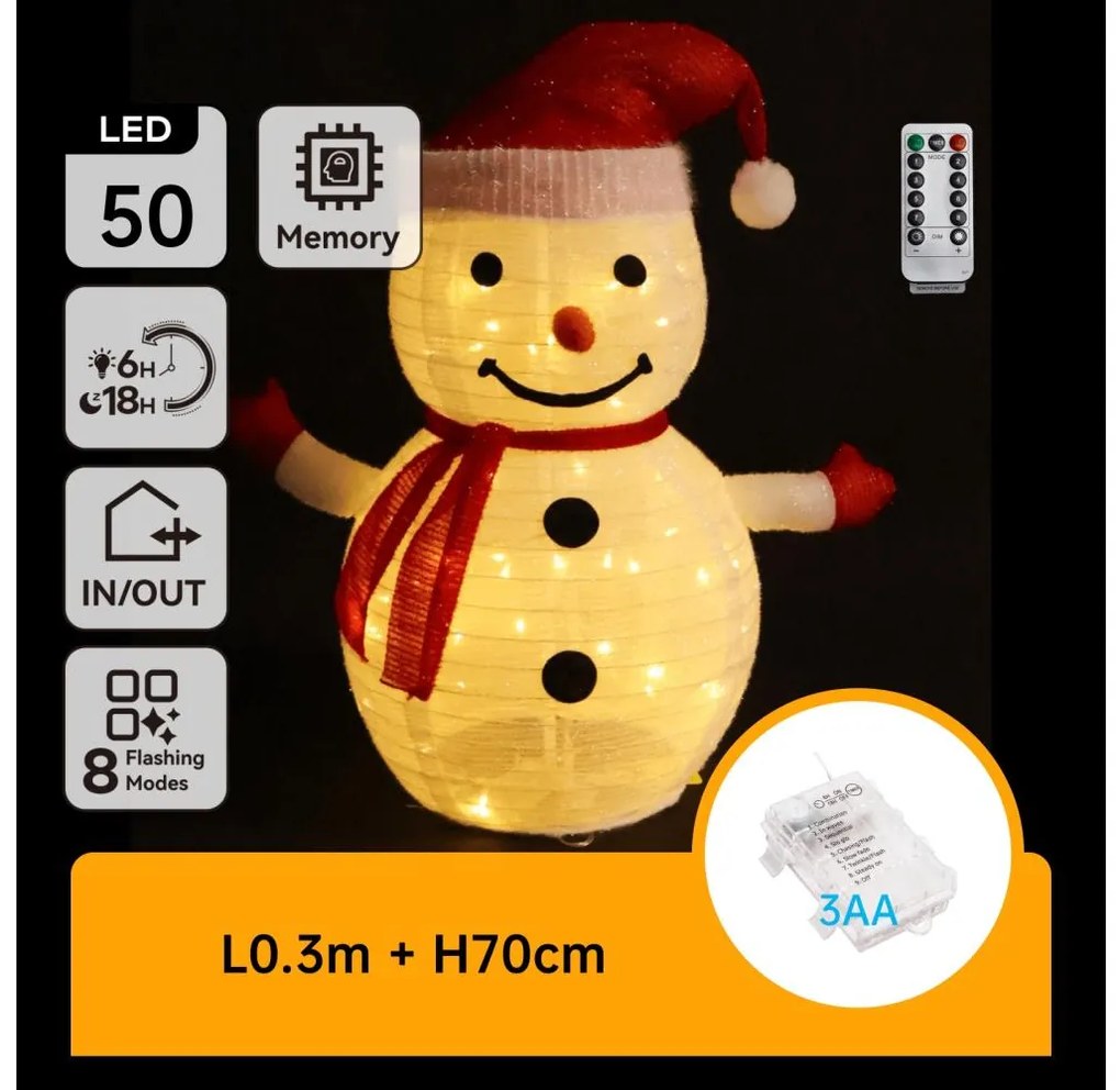 Aigostar - Decorațiune LED de Crăciun pentru exterior, om de zăpadă, 50 LED, 3x AA, 0,7 m, IP44