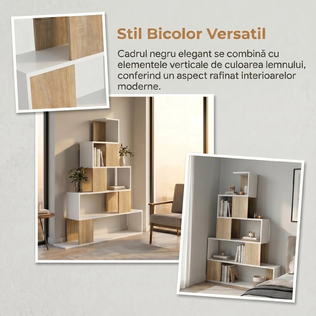 HOMCOM Bibliotecă cu 5 Rafturi Tip Trepte, Alb și Lemn Natural | Aosom Romania