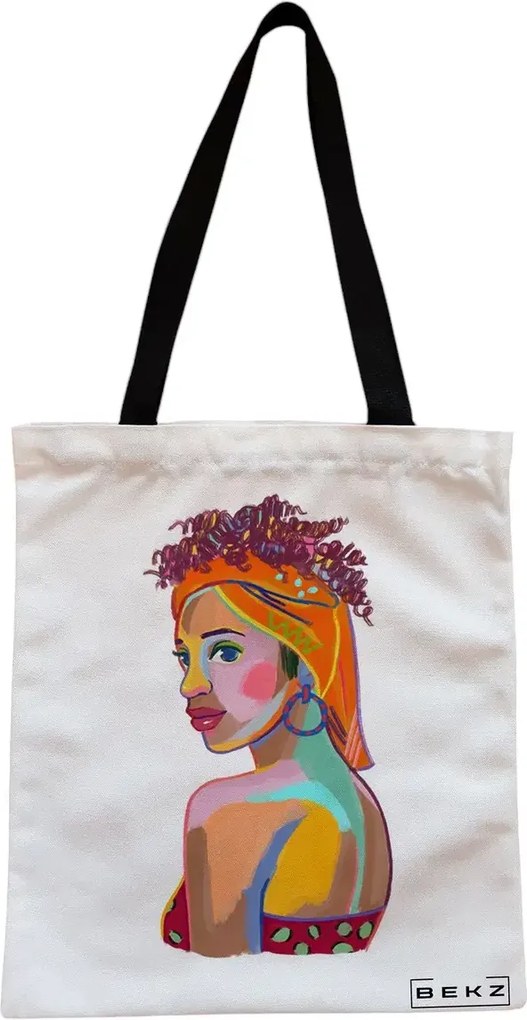 Sacosa de Panza pentru Cumparaturi, Geanta Tote, model Portret Vibrant 3, Cu fermoar, 38x34.5 cm, Alba, BEKZ®