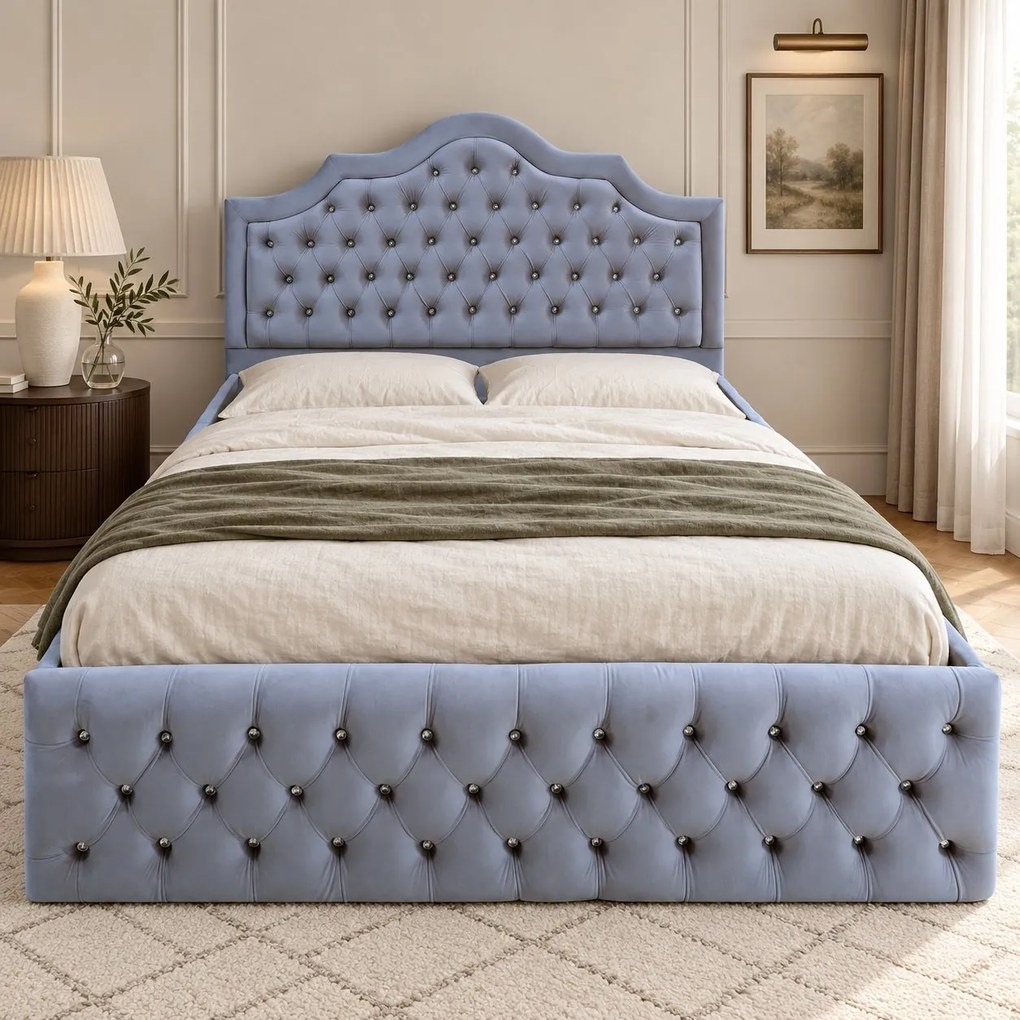 Pat tapițat Chesterfield din catifea Imperio Deluxe 160×200 cm, gri deschis, cu ladă de depozitare