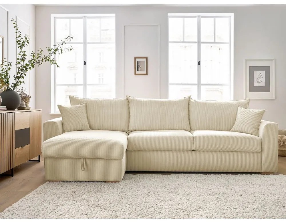 Colțar crem extensibil cu tapițerie din catifea reiată (cu colț variabil) Augustin – Bobochic Paris