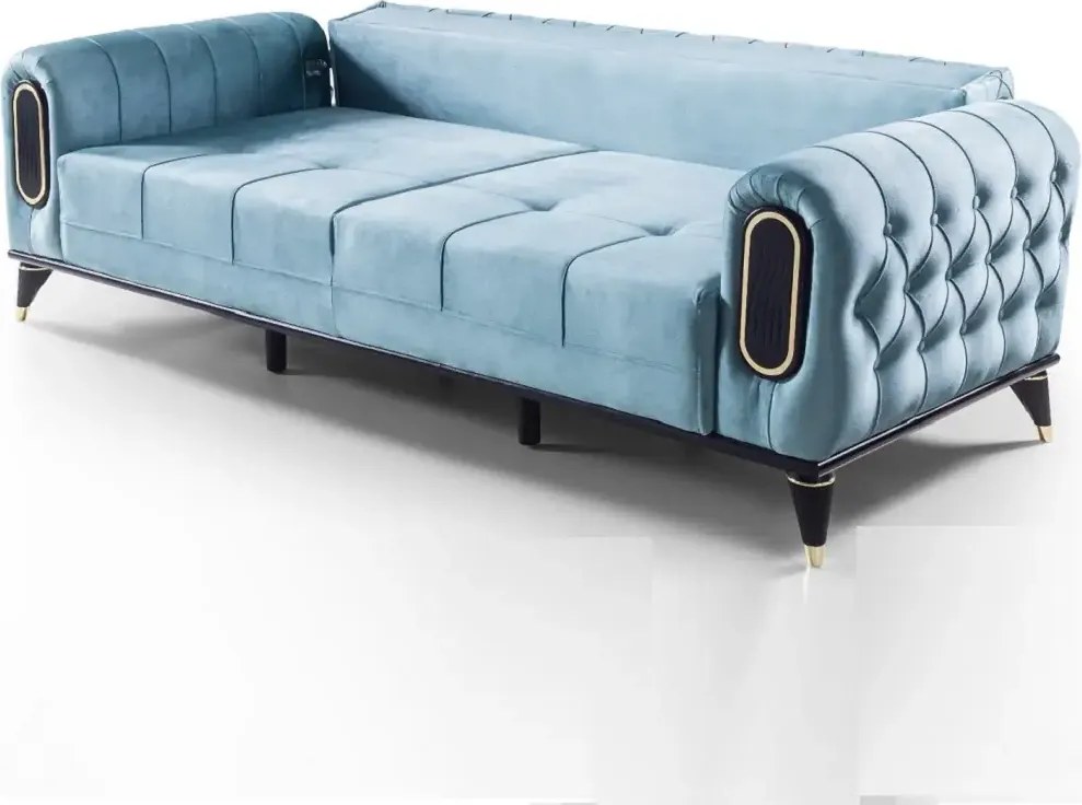 Canapea extensibila 3 locuri 225x89x90 cm – stofa albastra, detalii aurii – Salsa