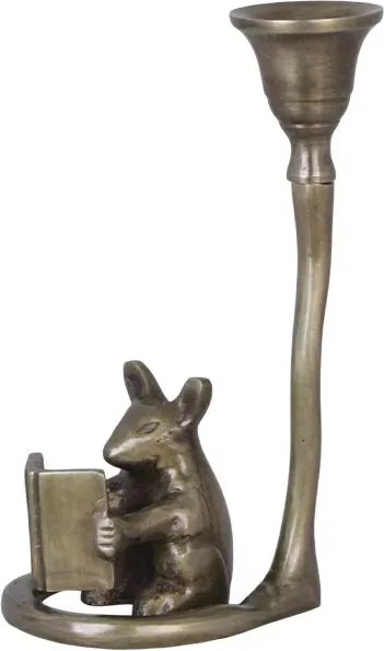 Sfeșnic decorativ din metal, finisaj alamă antichizată, șoricel citind, 8,5 x 8 x 15 cm, „Mouse"