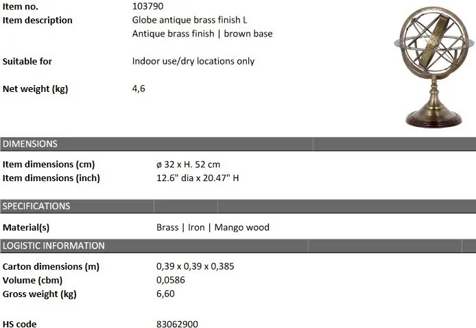 Obiect decorativ LUX Globe L, alama antica 103790 HZ