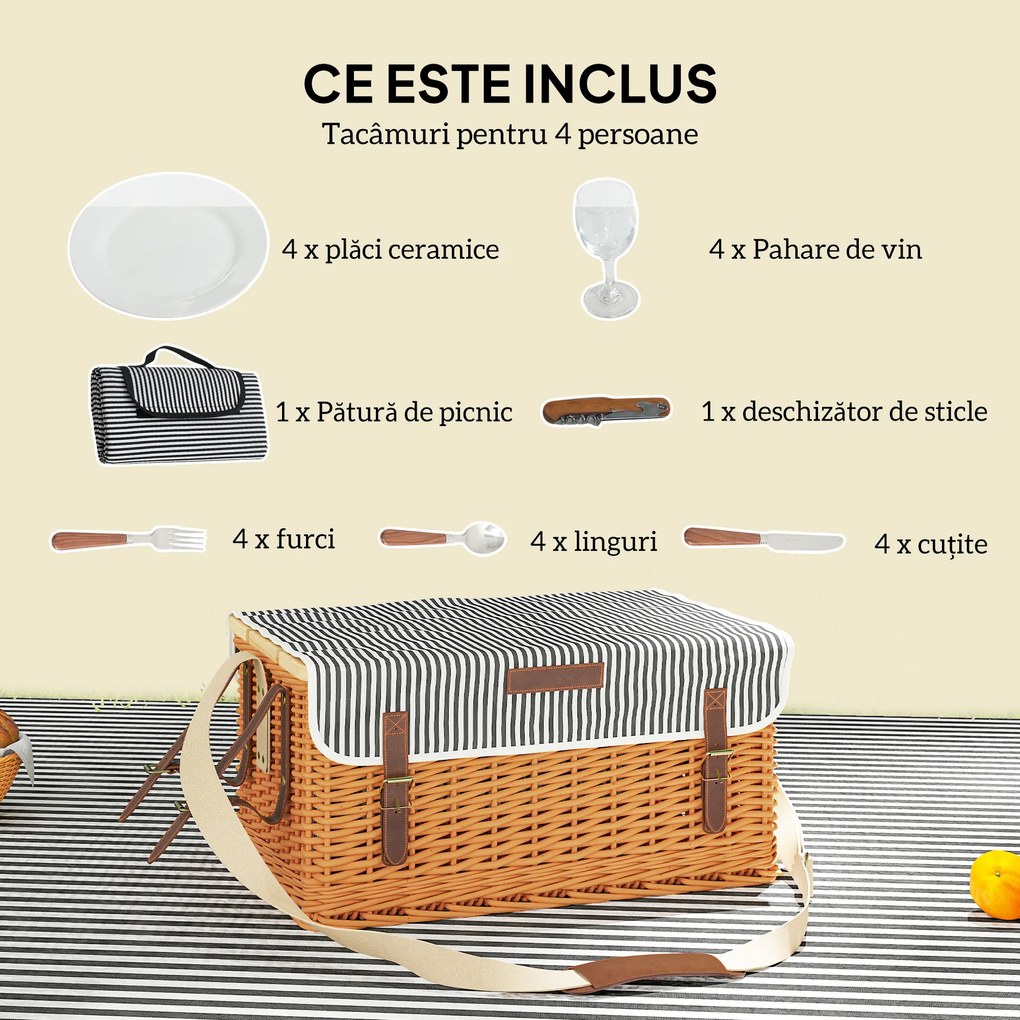 Outsunny Coș Picnic Răchită Bej cu Set | Aosom Romania