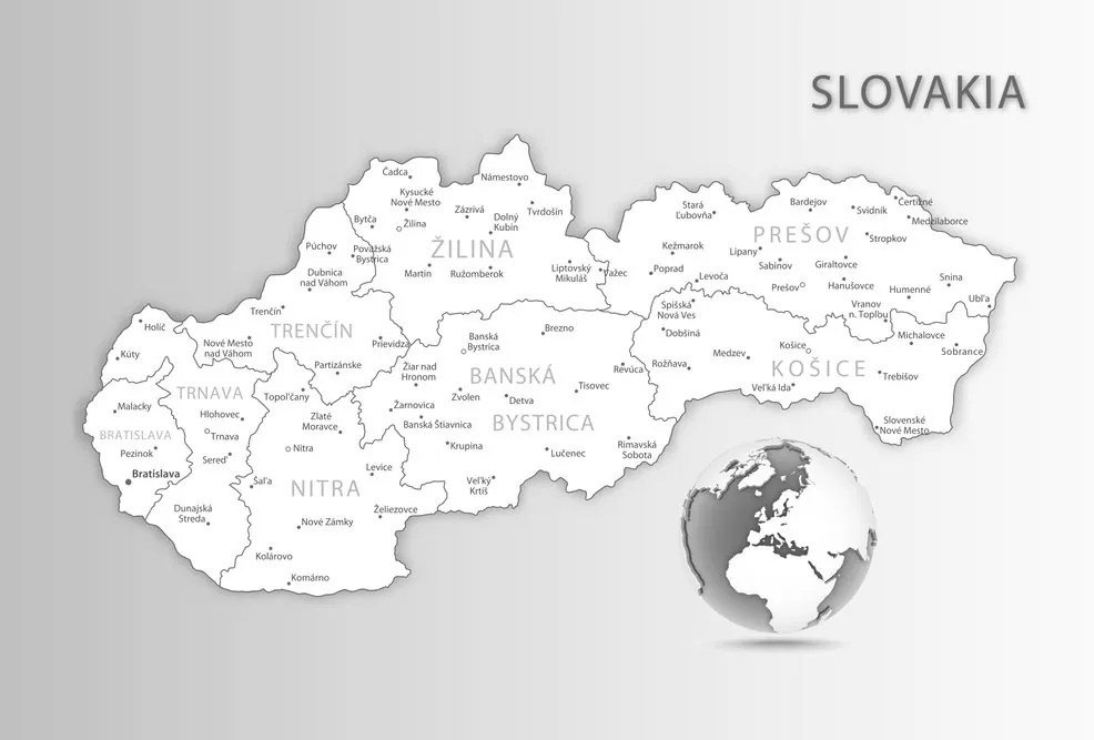 Tablou pe plută hartă alb-negru a Republicii Slovace