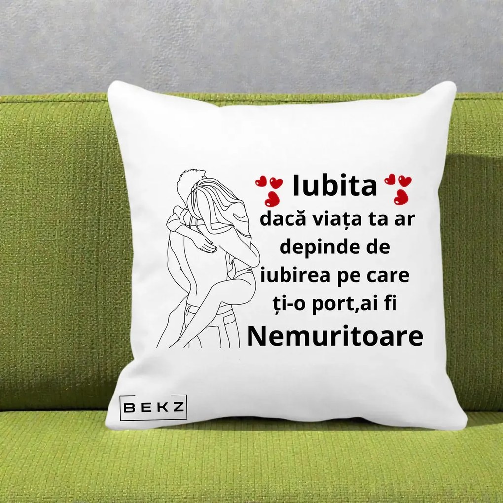 Cadou pentru Iubita - Perna Personalizata Iubita Nemuritoare cu Cuplu Line-Art si Inimi Rosii, 40x40 cm, Alba Mata, Husa Detasabila, Perna Inclusa, BEKZ®