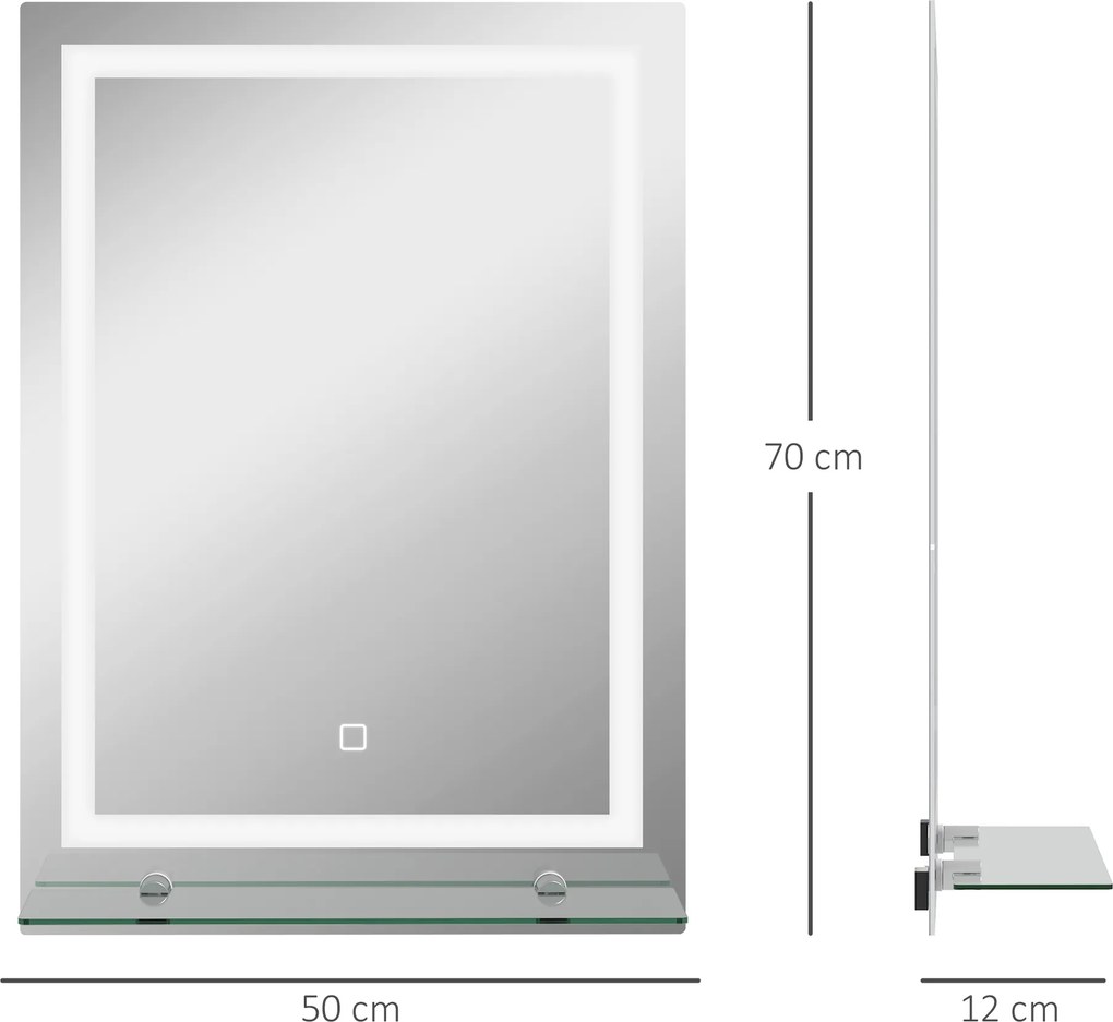 Kleankin Oglindă de Baie cu Lumini LED în 3 Culori Reglabile și Raft din Sticlă, 50x12x70 cm, Argintiu | Aosom Romania