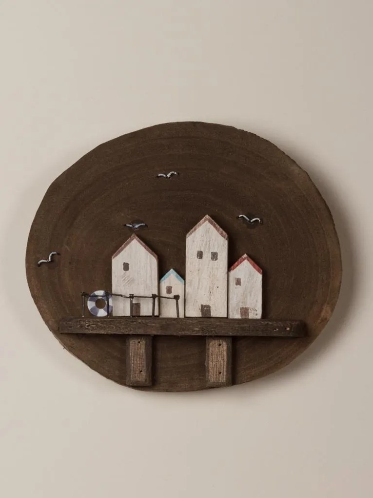 Decoratiune de perete, din lemn de Paulownia, Houses by the sea