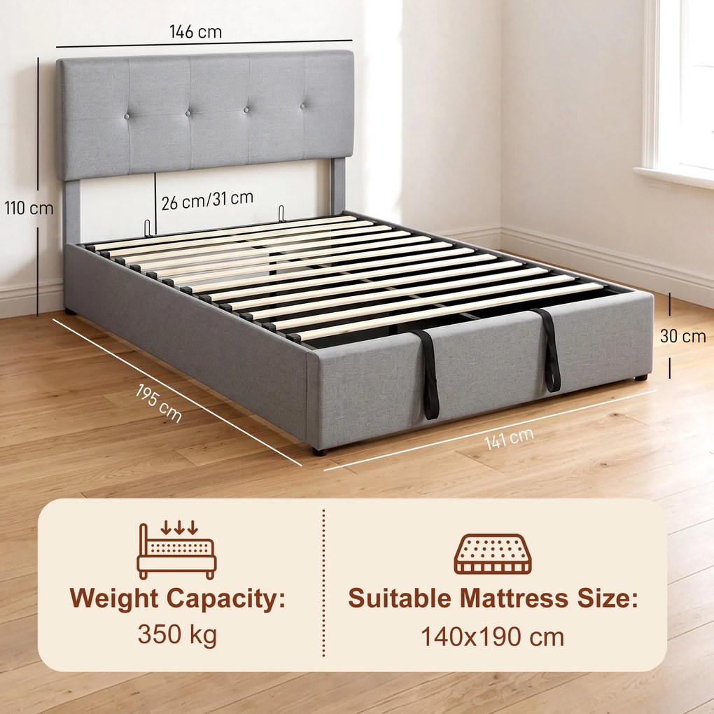 HOMCOM Pat cu ladă 140 x 190 cm, tapițat cu aspect de in, gri închis | Aosom Romania