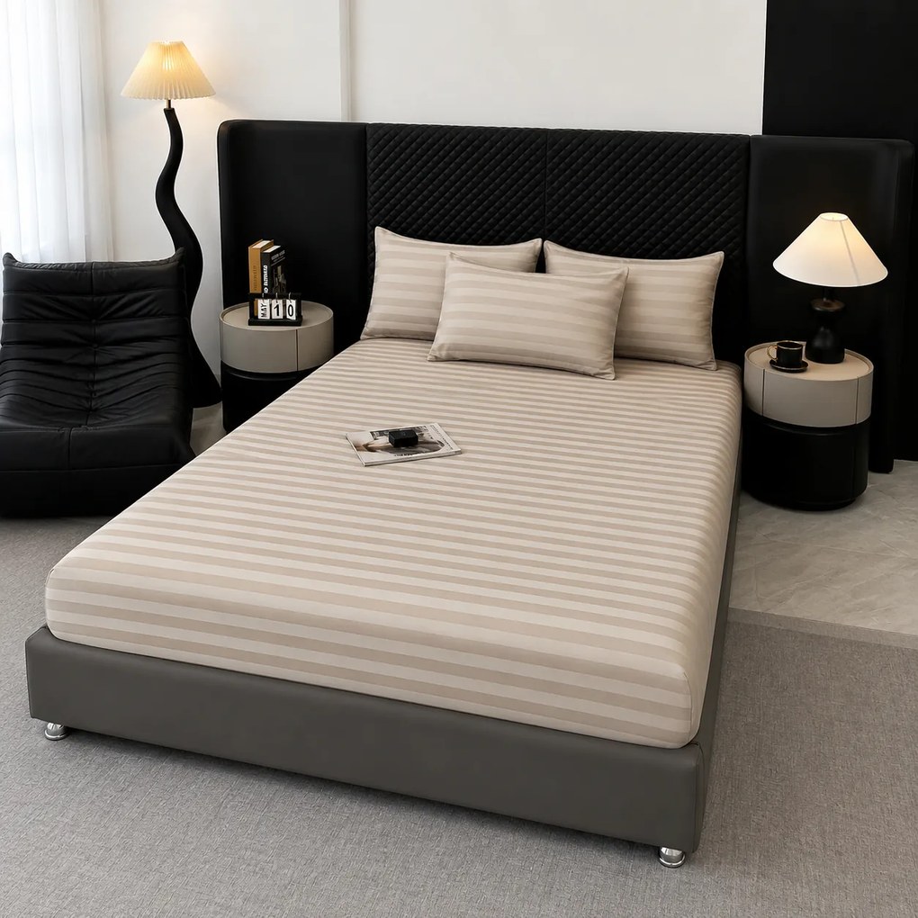 Lenjerie Premium Damasc, bumbac 100%, 6 piese, pat 2 persoane, bej