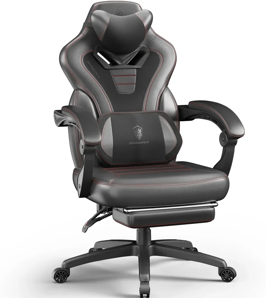 DOWINX Scaun gaming, ergonomic, suport lombar cu masaj, Șezut cu Arcuri Metalice și Spumă, Spătar înalt, rabatabil 90°-145°, Buzunar depozitare, Suport picioare, rezistent 150 kg, material PU respirabil, Negru/Gri