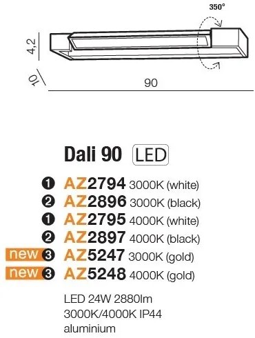 Aplica LED pentru baie directionabila 3000K Dali 90 aurie
