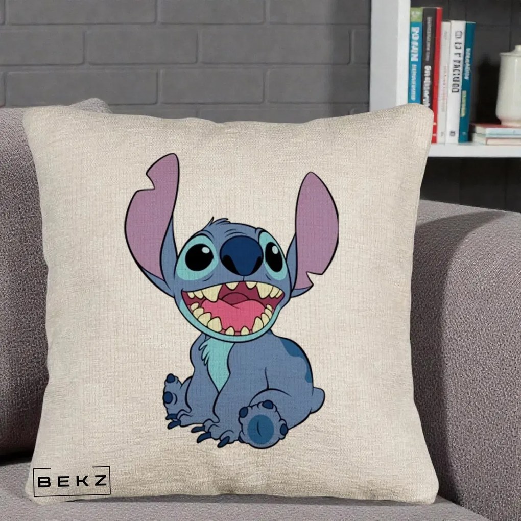 Perna Personalizata Stitch Zambitor, 40x40 cm, Bej Canapea, Husa Detasabila, Perna Inclusa, BEKZ®