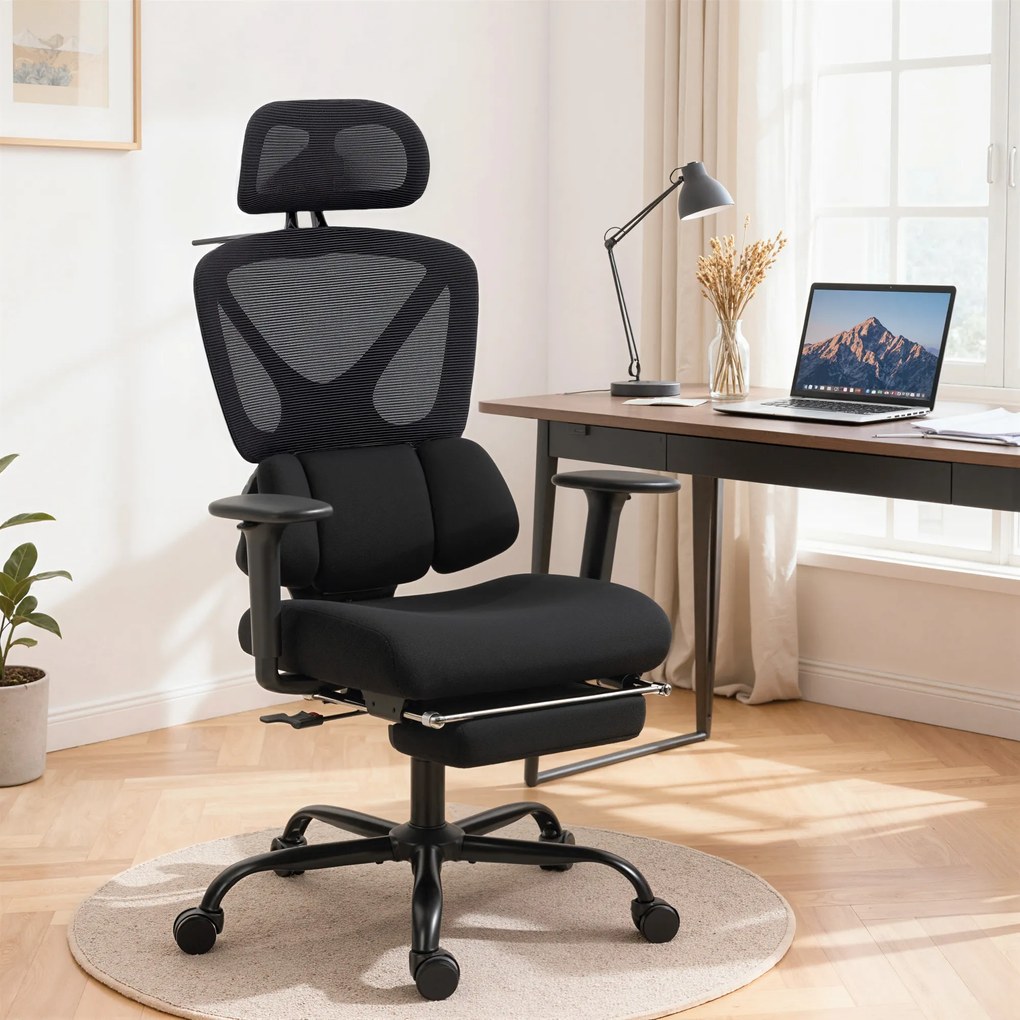 HOMCOM Scaun de birou ergonomic, cu suport lombar dinamic și suport pentru picioare, 73x75x120-128 cm, negru | Aosom Romania
