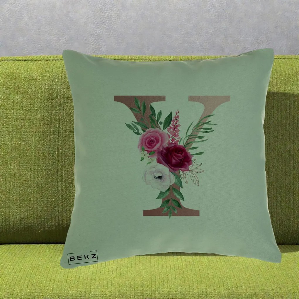 Cadou Personalizat - Perna Personalizata Monograma Rose Gold Litera Y, 40x40 cm, Verde, Husa Detasabila, Perna Inclusa, BEKZ®