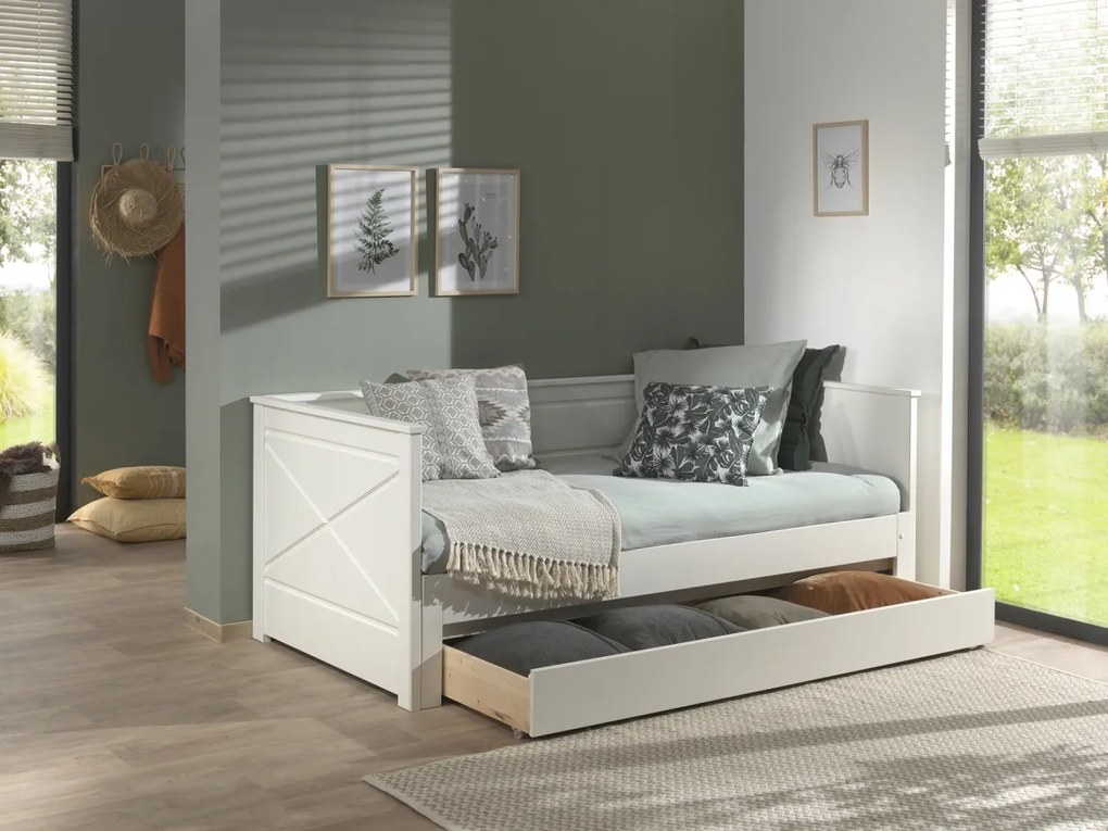 Pat glisant pentru copii PINO/SCOTT, alb, din pin scandinav masiv, cu spațiu de depozitare – Vipack