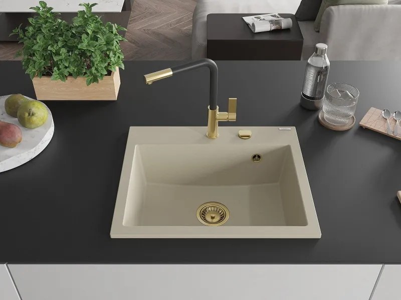 Mexen Oscar chiuvetă granit 1-cu-vadru 580 x 490 mm, bej, sifon auriu - 6519581000-69-G