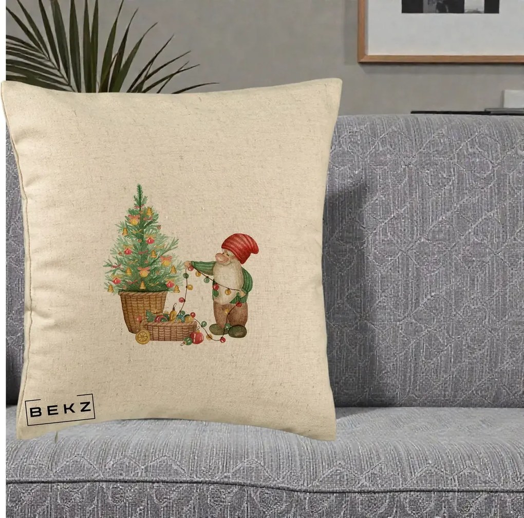 Perna Decorativa Pitic de Craciun cu Brad, 40x40 cm, Bej, Husa Detasabila, Perna Inclusa, BEKZ®