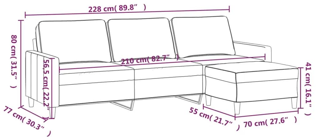Canapea cu 3 locuri si taburet, gri deschis, 210 cm, catifea
