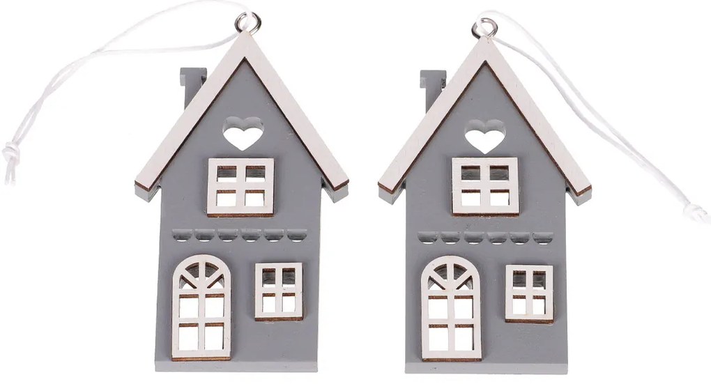 Căsuță suspendată din lemn, gri, înălțime 9 cm, SET DE 4 PIESE
