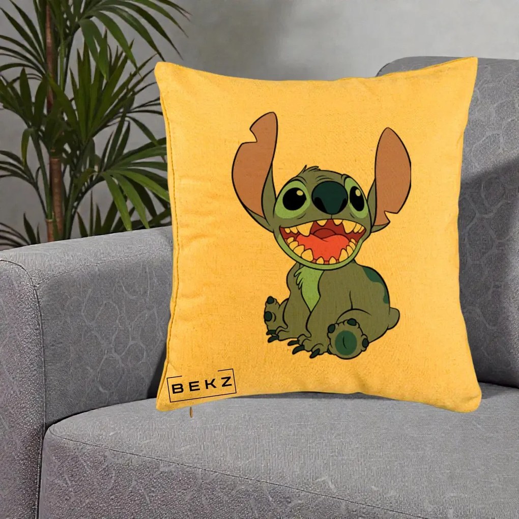 Perna Personalizata Stitch Zambitor, 40x40 cm, Galben, Husa Detasabila, Perna Inclusa, BEKZ®