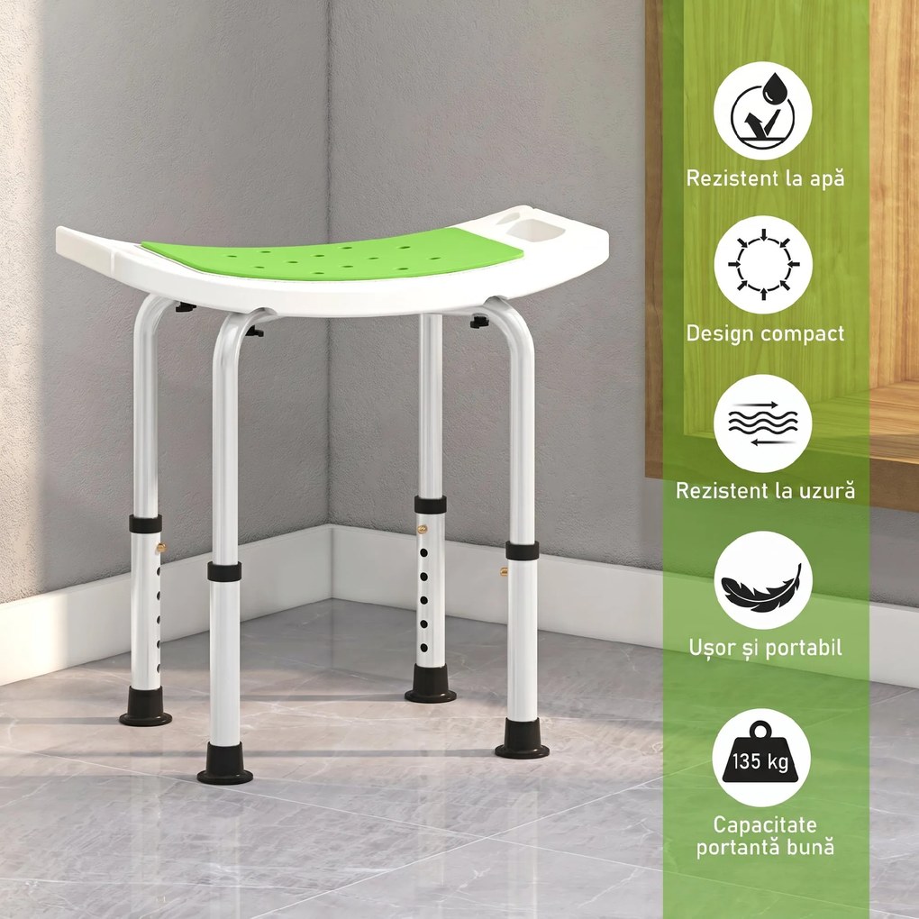 HOMCOM Taburet pentru Duș din Aluminiu și Plastic Antiderapant, Reglabil 6 Niveluri 39-52cm, Verde | Aosom Romania