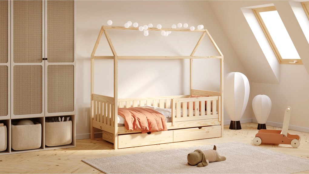 Pat supraetajat tip căsuță Nemos II 80x160 cu sertare - culoare pin
