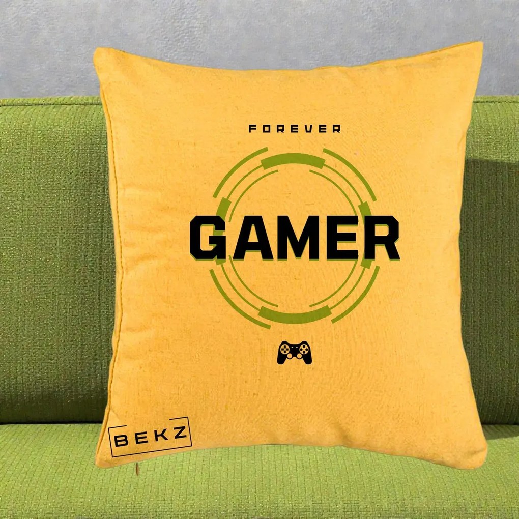 Perna Personalizata Forever Gamer, 40x40 cm, Galben, Husa Detasabila, Perna Inclusa, BEKZ®