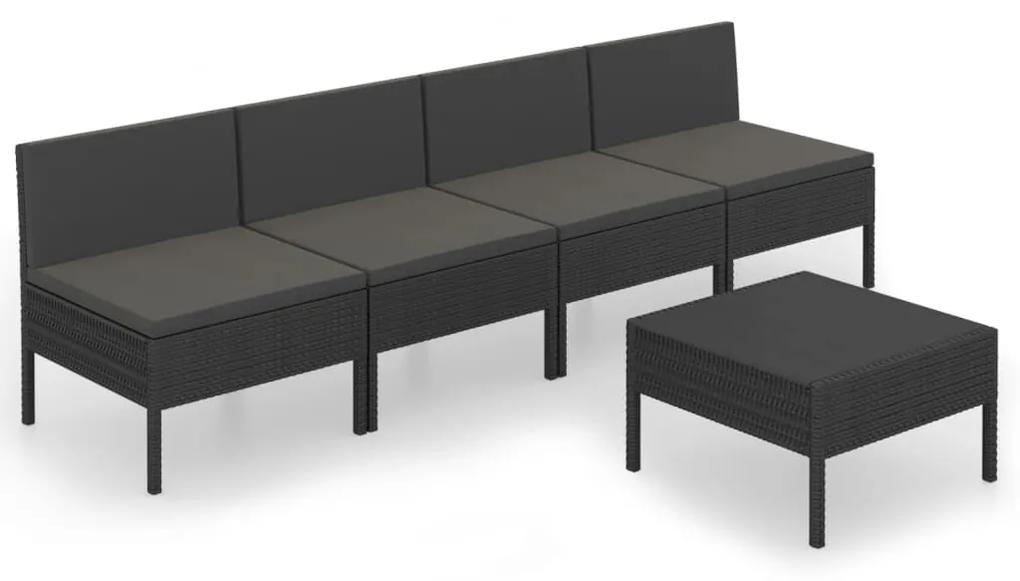 Set mobilier de gradina cu perne, 5 piese, negru, poliratan masa + 4x mijloc, 1